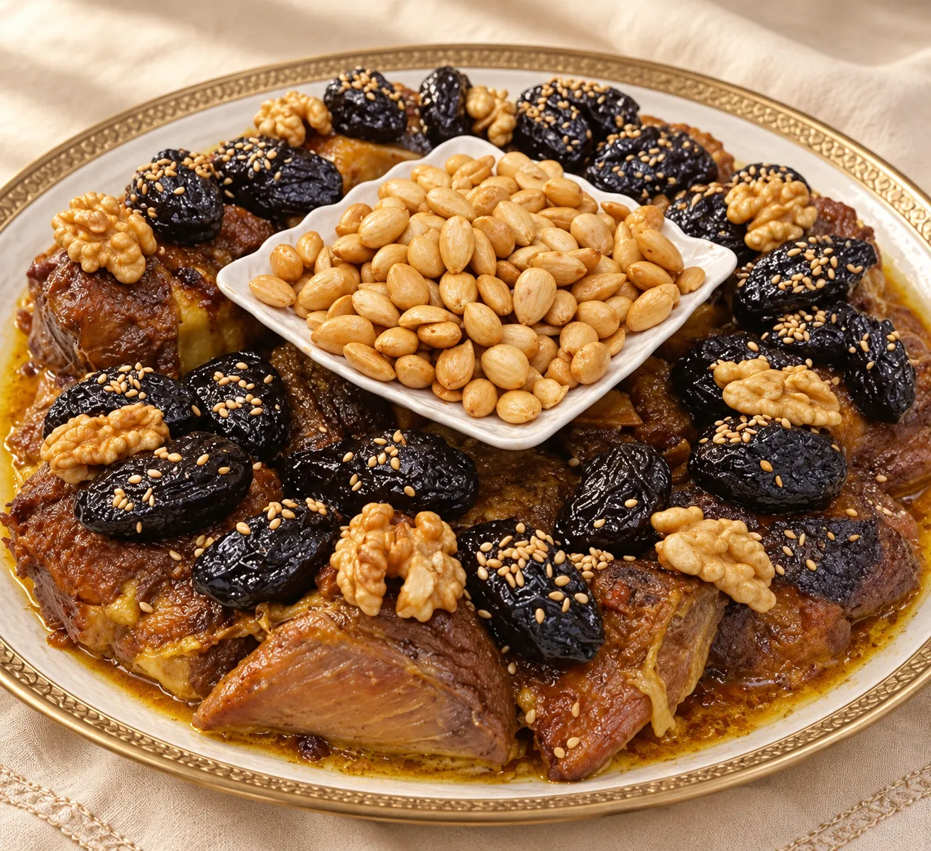 Plat marocain d’agneau aux pruneaux, amandes et noix