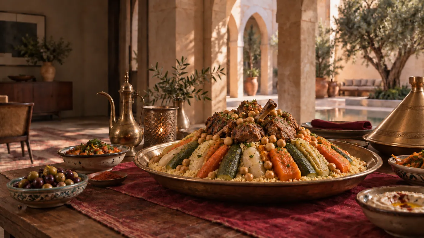 Couscous maison — Semoule fine, légumes mijotés, pois chiches et viande fondante