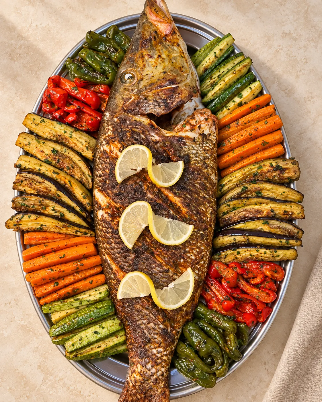Poisson entier rôti — Poisson mariné, légumes grillés et citron frais