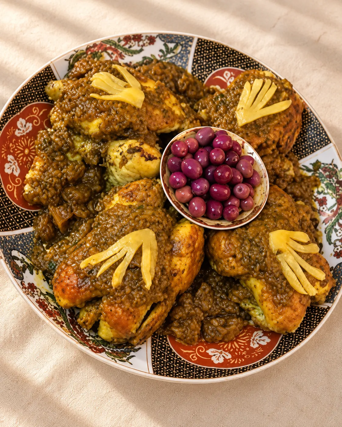 Poulet aux olives et citron — Poulet doré, sauce aux oignons, olives et citron, servi en grand plat