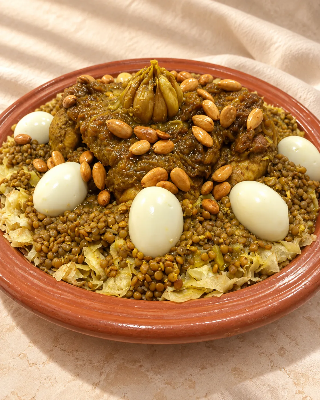 Rfissa maison — Poulet, lentilles et fines crêpes émiettées, garnis d’œufs et d’amandes